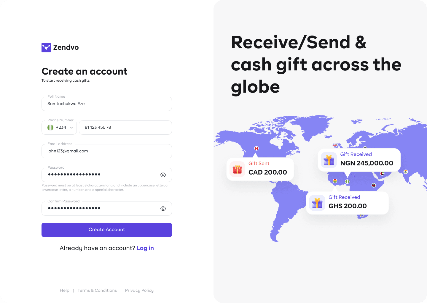 Zendvo - Create account and send gifts globally